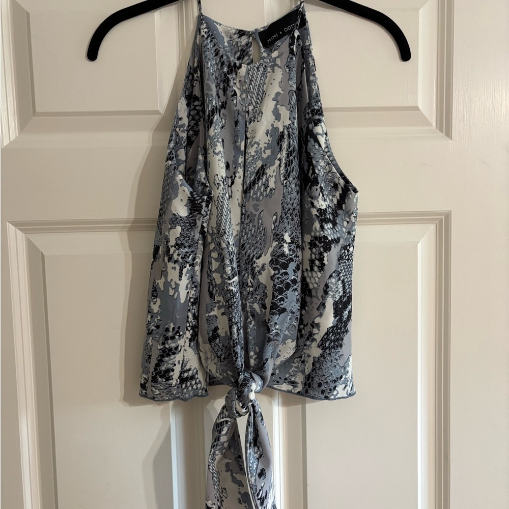 Mimi & Dottie Gray & Blue Snake-Print Halter Tie-Front Cami Top